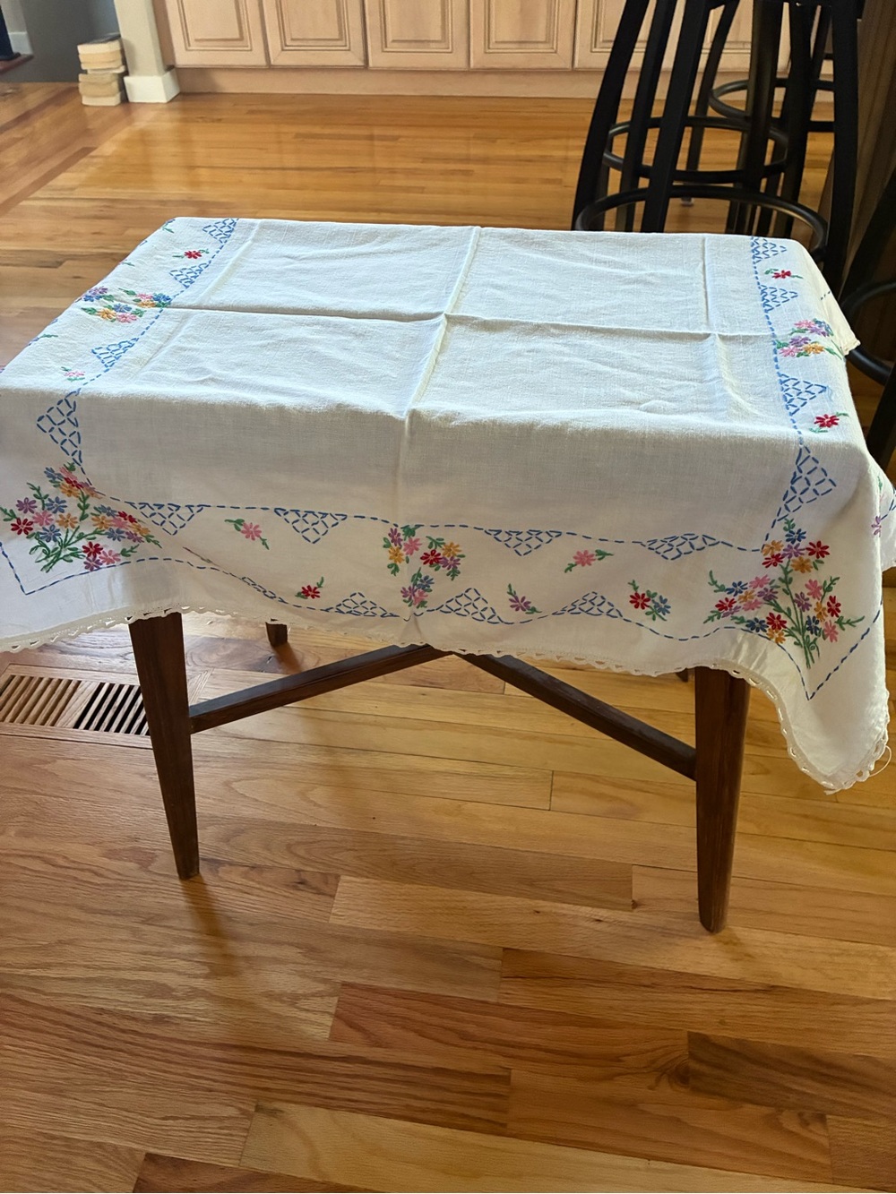 Hand Embroidered Table Dresser Runner Colorful Floral Retro Kitschy 29x32 VTG